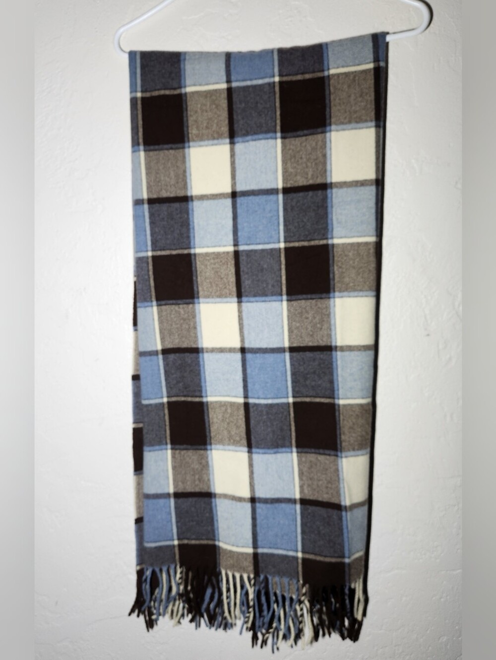 Pendleton Home Collection 100% Wool Throw Blanket Scarf Blue Plaid Fringe